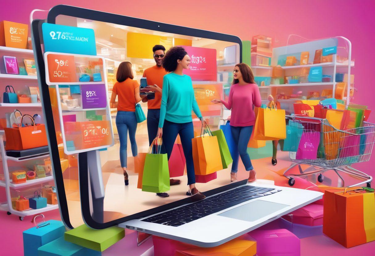 A vibrant and dynamic scene of a diverse group of happy shoppers expertly navigating an online shopping platform on various devices, showcasing colorful product displays, enticing discounts, and shopping carts overflowing with deals. Include elements like clickable buttons, discount tags, and a cheerful atmosphere to reflect the excitement of online shopping. digital art. ultra-modern style. vibrant colors.