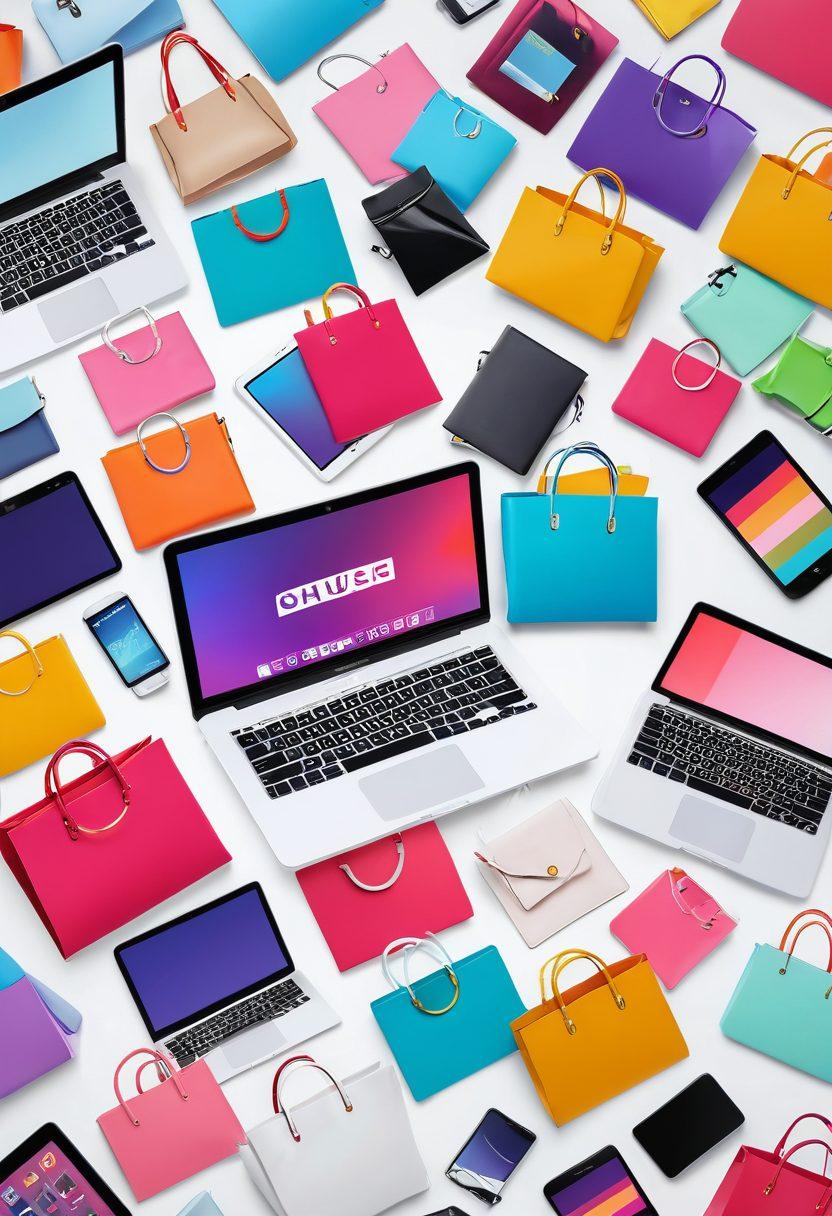 A vibrant collage showcasing diverse online retail elements: elegant fashion outfits displayed on digital devices, shining electronics like smartwatches and laptops, and cheerful shopping icons like carts and bags. The background features a sleek, modern online shopping interface with a variety of colors representing different categories. The scene is infused with lively energy, inviting the viewer into the world of online retail. super-realistic. vibrant colors. white background.