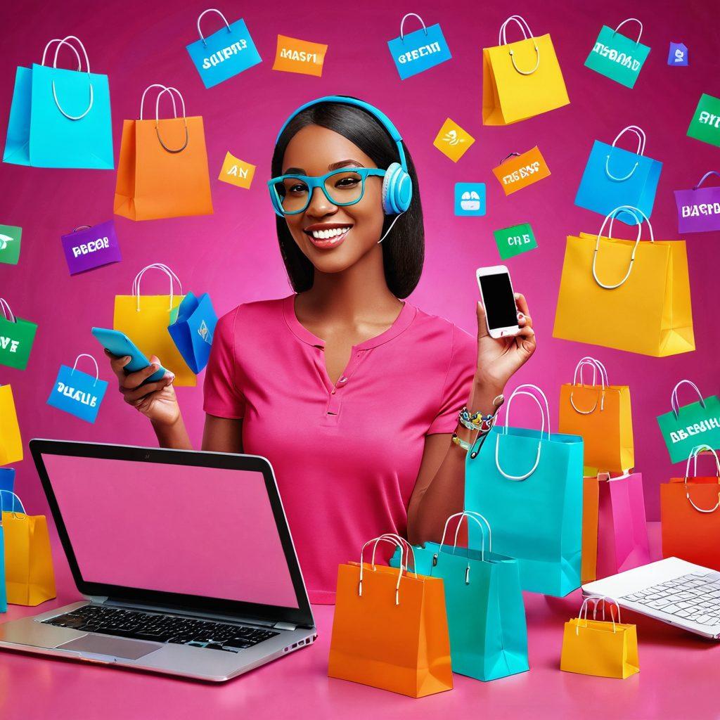 A vibrant digital market scene showcasing a diverse group of shoppers joyfully browsing online deals on various devices. Include colorful icons representing discounts, customer service support, and product quality. A friendly virtual assistant character offering help, surrounded by shopping bags and a sleek laptop. The background should blend bright colors to evoke excitement and ease of shopping. super-realistic. vibrant colors. 3D.
